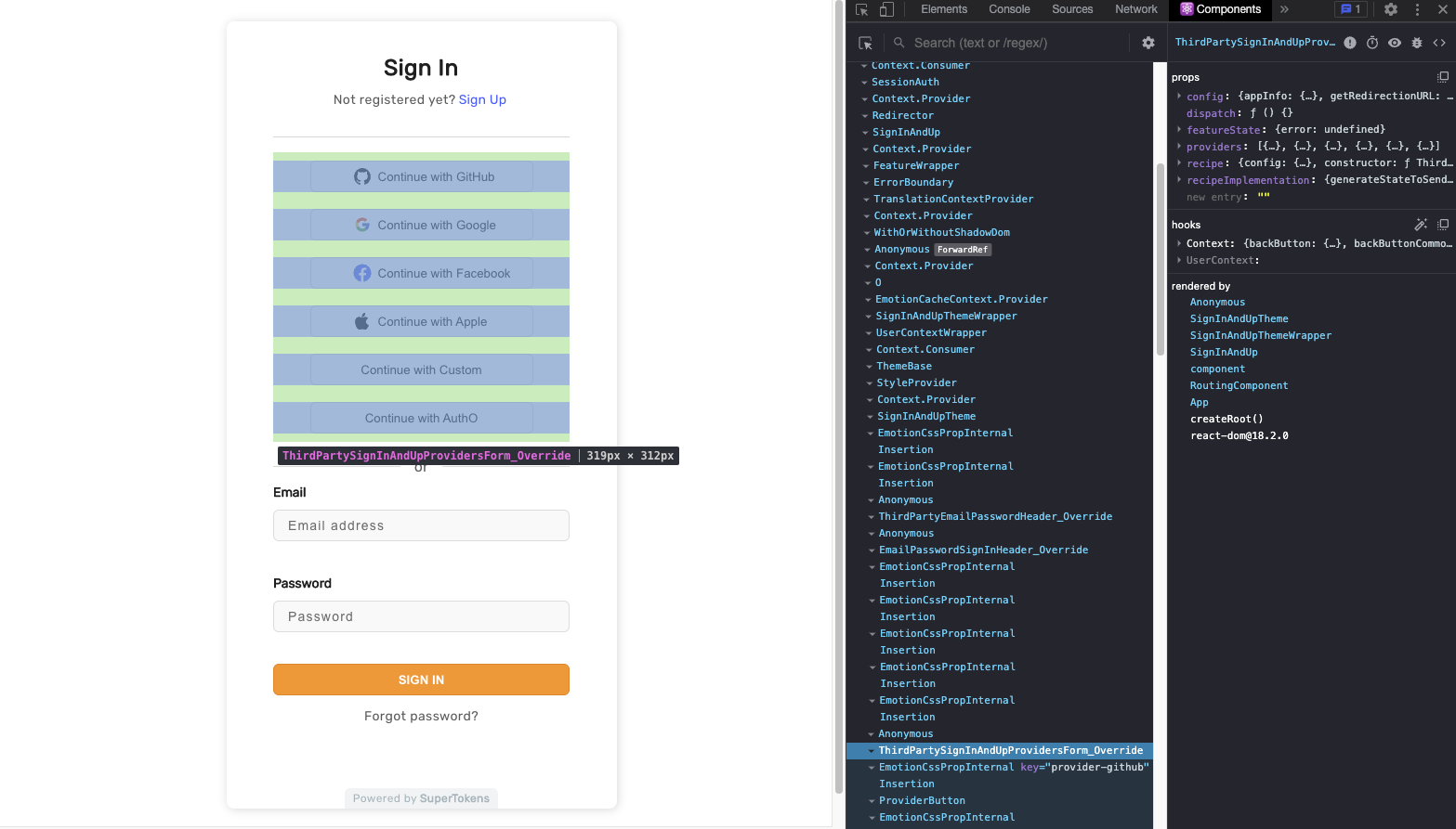 Checking which component from the prebuilt UI will be overridden using React Developer Tools extension